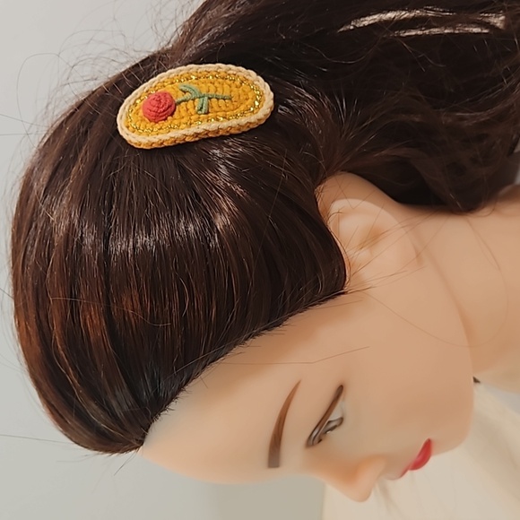 Hand Crafted Hand Knit Crochet  Hair Clip Red Rose embroidered Snap Clip 2.5" - Picture 13 of 17
